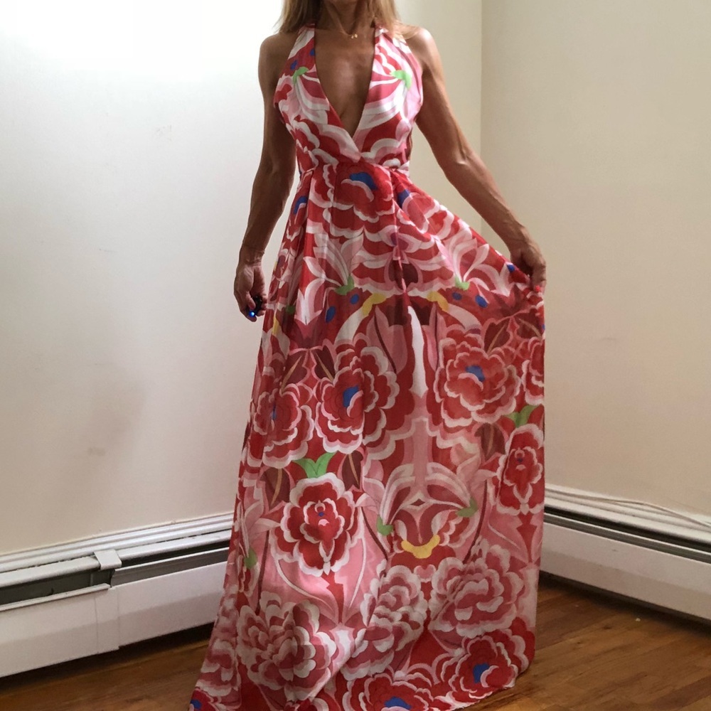 Vibrant floral cross cross halter maxi dress